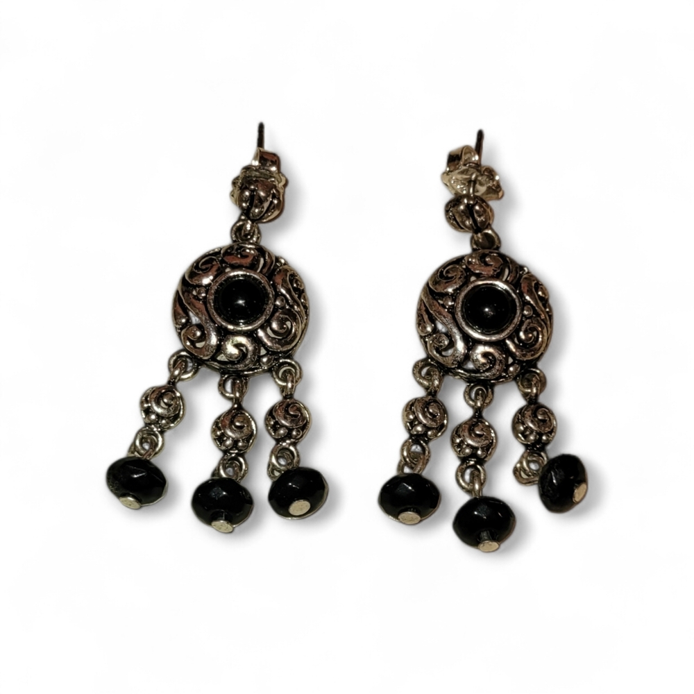 Vintage Avon Signed Casual Silver Tone And Jet Boho Dangle Earrings
